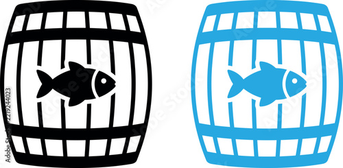 Barrel with fish vector illustration using black and blue designs for fishing and food storage concepts.