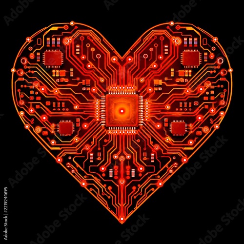 Digital heart circuit glowing red on black background