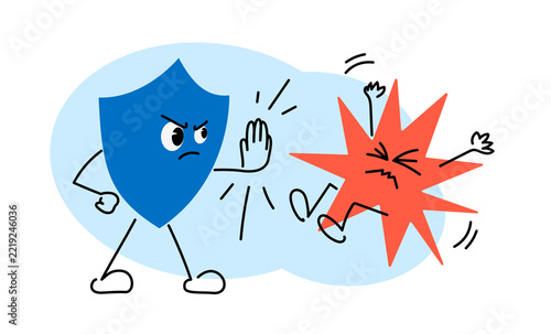 Protective blue shield blocking malicious virus in network security defense illustration