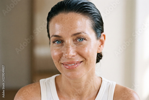 Radiant beauty portrait with fresh skin and calm natural confidence