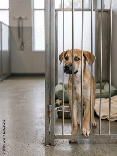 A brown dog stands behind metal bars in a clean shelter kennel, looking out with a sad expression beside a bowl and bedding.