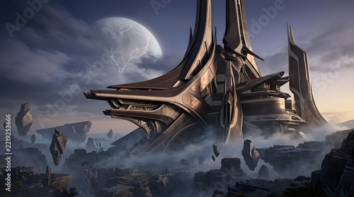 Futuristic Alien Architecture on Floating Islands with Mysterious Moon