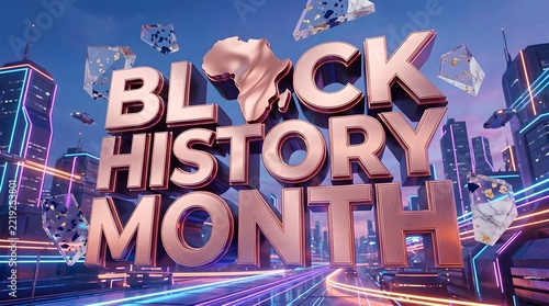 Black History Month 3D Text with Africa Map, Futuristic City