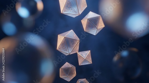 Abstract Geometric Polyhedra with Ornate Patterns on Dark Background