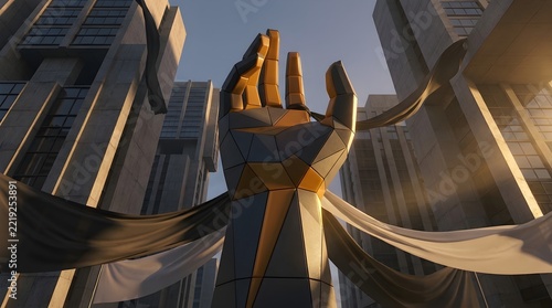 Abstract Geometric Gold Hand Sculpture in Modern Urban City
