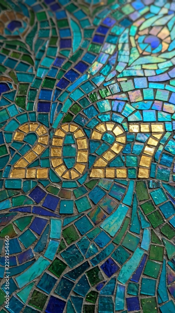 Obraz premium Golden 2027 year numbers on a decorative blue and green peacock