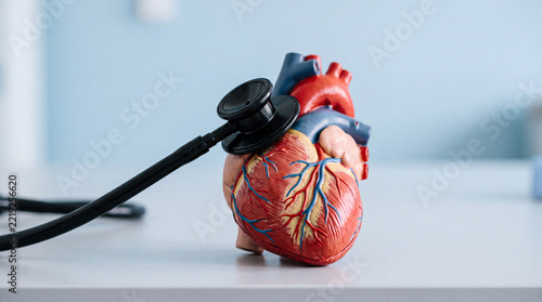 Black stethoscope chestpiece placed on an anatomical human heart model against a light blue background for cardiology, medical checkups, and heart health awareness