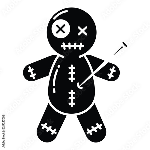 Voodoo doll ritual poppet with needle pin minimalist vector graphic for esoteric and occult branding