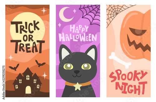 Cute Halloween Vertical Banner Set with Trick or Treat Typography, Black Cat and Spooky Pumpkin Illustration 