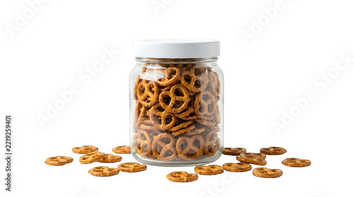 Glass jar filled with salty pretzels isolated on transparent background