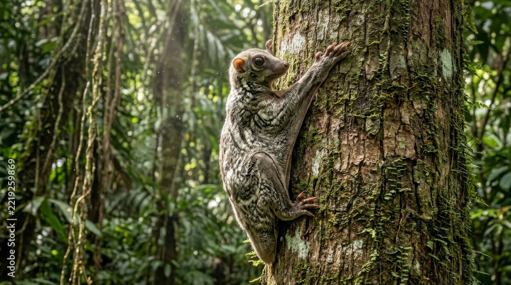 Fototapeta premium Lemur climbing a mossy tree trunk in a lush, sunlit tropical rainforest with dense green foliage in the background, concept of wildlife and natural habitat