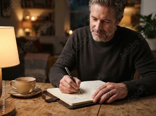 middle aged man journaling evening Older man writing in a notebook at home with coffee on the table