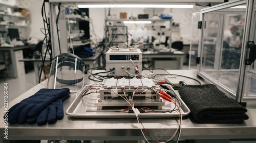 Battery safety testing setup with solid-state cells, thermocouples, insulated clips, fire blanket, thermal gloves, and protective enclosure.