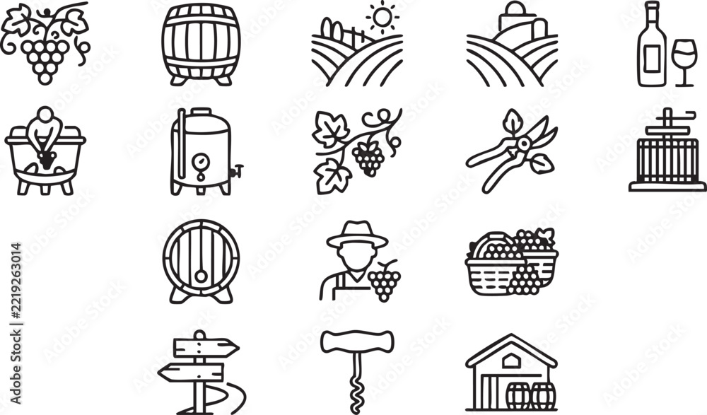 Naklejka premium Minimalist winemaking icons set featuring vineyard harvest and winery