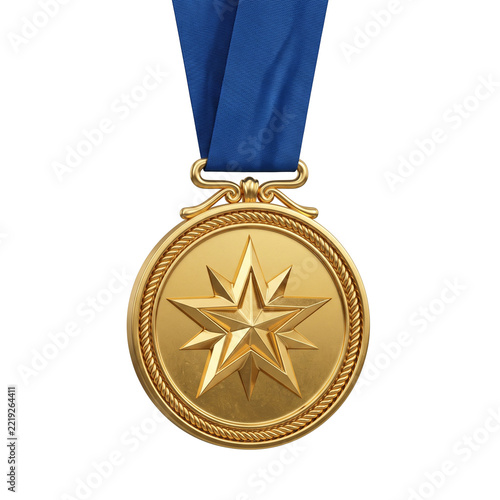 Detailed gold medal with elaborate star design and blue ribbon for celebrating success or championship on transparent background.