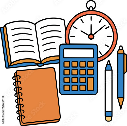 Stationery collection including an open book pocket watch calculator and writing utensils