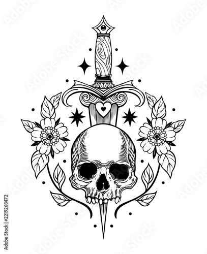 Gothic Skull with Dagger Flowers and Stars Tattoo Art