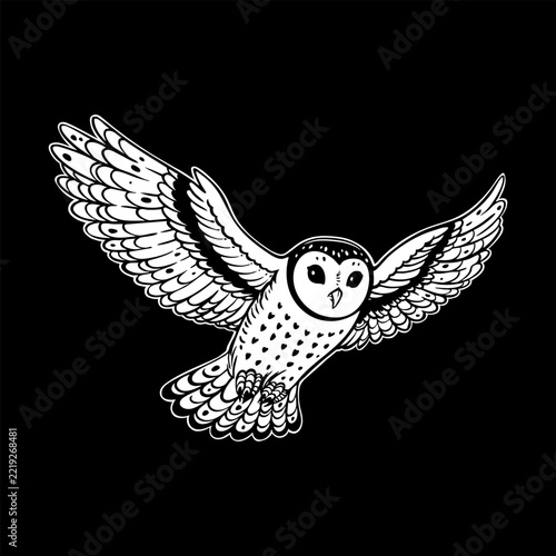 Flying Barn Owl Bird Portrait Vector Line Art