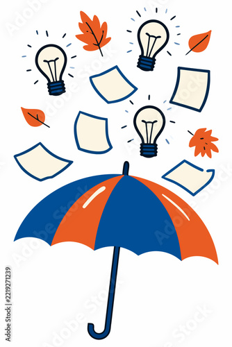 Blue and orange umbrella catching light bulbs paper sheets and autumn