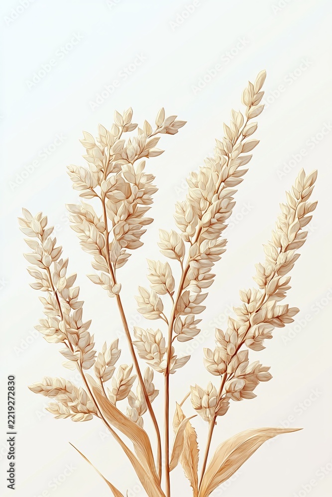 Naklejka premium A Gentle Botanical Watercolor Painting Depicting Stems Of Golden Wheat Grass On A White Background.