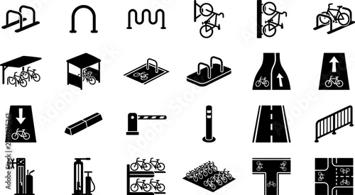 Collection of black and white icons representing bicycle parking, traffic signs, and road infrastructure
