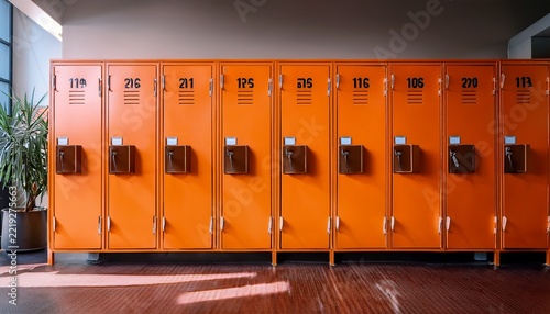 bright orange gym lockers in a clean modern sports facility minimalistic design with numbered doors creating a bold visual pattern