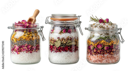 Layered Bath Salts with Dried Rose Petals Lavender and Chamomile in Glass Jars on Black Background for Spa Wellness and Aromatherapy