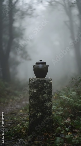 Funeral cremation urn resting on a stone pedestal in a dark misty forest
