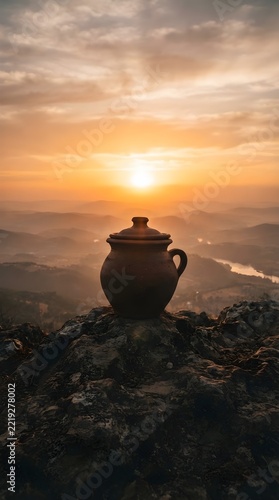 Clay pot silhouette on a rocky hill during a beautiful sunset