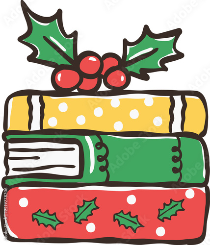 Festive Christmas Book Stack with Holly Berries Cartoon Hand Drawn Illustration