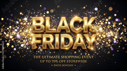 Golden black friday text with sparkling lights on a dark background