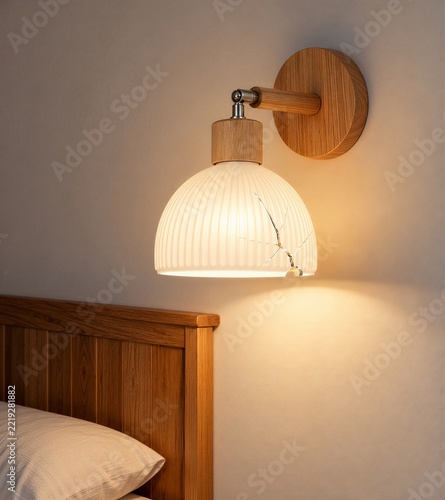 Cracked glass wall lamp glowing above wooden bed, illustrating damaged lighting fixture, home maintenance, electrical safety risks and interior repair in a cozy modern bedroom