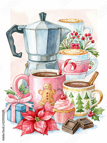 Festive Coffee Composition with Christmas Treats and Moka Pot