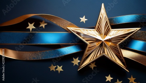 elegant golden star with sparkling blue and gold ribbons on a dark background ideal for awards ceremonies corporate recognition