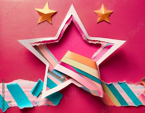 pink adhesive tape scraps with star shape ripped colorful paper stripes and washi tape pieces