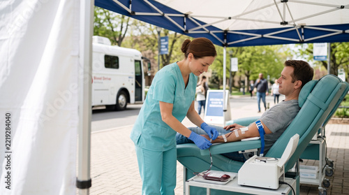 Nurse assisting man donating blood at outdoor blood drive event  