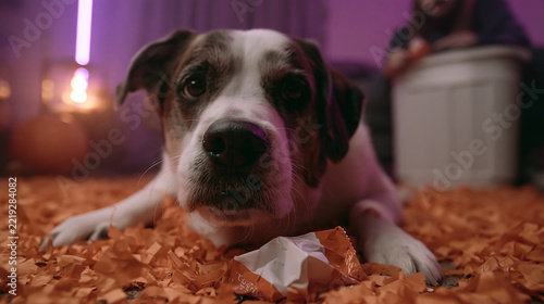 Black and white dog lying on orange halloween confetti beside a discarded candy wrapper, illustrating the dangers of holiday sweets and potential poisoning risks for household pets