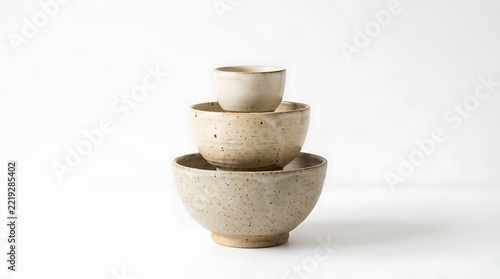 Stack of three handmade ceramic bowls with speckled texture isolated