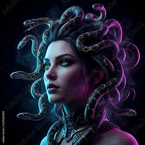 Mythological medusa portrait with snakes for hair and glowing green
