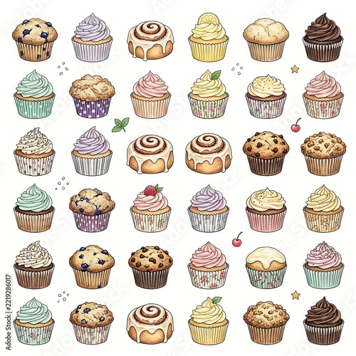 Collection of hand drawn cupcakes and cinnamon rolls isolated on