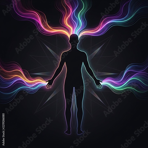 Human silhouette with glowing colorful energy waves radiating from