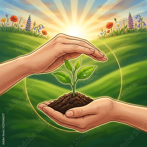 Human hands protecting a small green plant sprout growing in soil