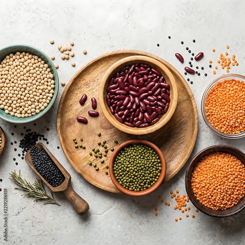 Assorted raw legumes in bowls and wooden plate for healthy cooking