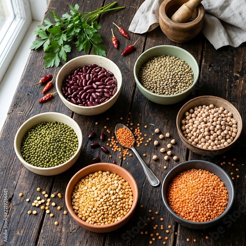 Assorted raw legumes and pulses in ceramic bowls on rustic dark