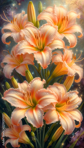 art picture with illuminating peach -yellow lily at dark green background. Digital artwork. Ai generated