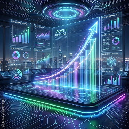 Futuristic digital growth analytics dashboard with glowing charts and