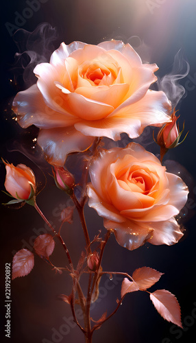 art picture with illuminating pink-yellow roses at dark background. Digital artwork. Ai generated