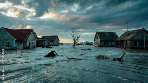 The devastating flood submerged residential houses in a coastal village under a gloomy, stormy sky.