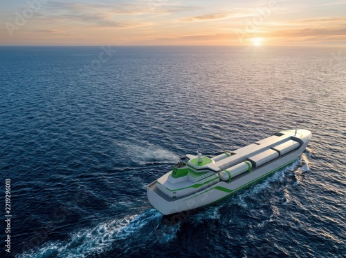 Cargo freighter cruising at sunset on open ocean in a realistic 3D render
