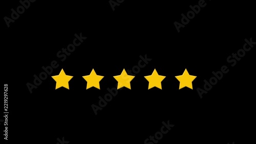 Five golden stars in a row on a black background representing a perfect rating or achievement isolated for graphic design
